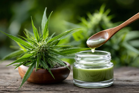 Hemp plant with cbd oil or cosmetic cream dropping into a small glass jarの素材