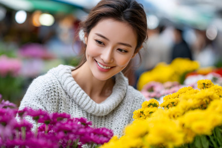 Young woman shopping for colorful plants in an outdoor floral marketの素材