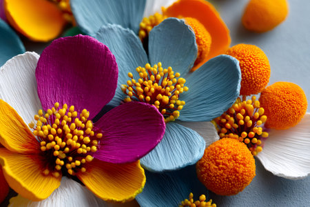 Assorted handmade paper flowers showcasing texture and vibrant colors in a detailed closeupの素材
