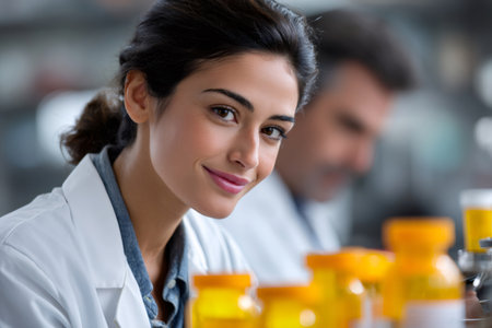 Pharmacist smiling while working in a laboratory setting with medicine containersの素材