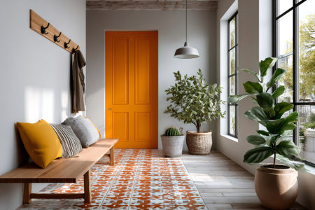 Contemporary entryway featuring a wooden bench, various potted plants, and ample natural lightの素材