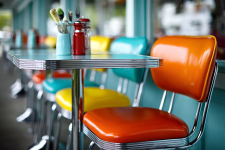 Diner interior showcasing colorful seating and a classic chrome edged tableの素材