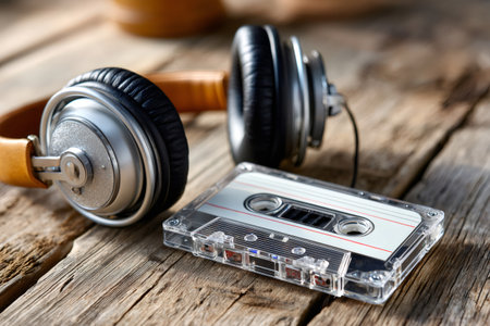 Retro audio equipment on a rustic wooden surface representing vintage music and nostalgiaの素材