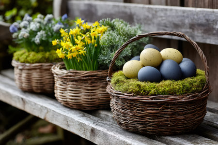 Wicker basket holding speckled easter eggs on moss with potted daffodils and muscariの素材