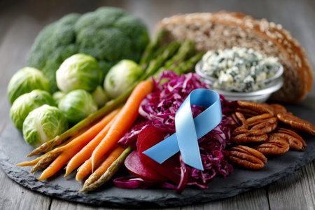 Blue ribbon on a plate of fresh vegetables and nuts, symbolizing diabetes awarenessの素材