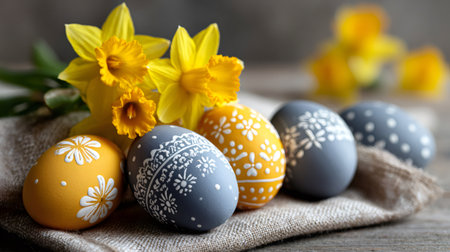 Decorated easter eggs and yellow daffodils creating a festive spring holiday displayの素材