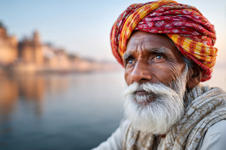 Elder Indian man wearing a turban and white beard, with a city and river in the backgroundの素材