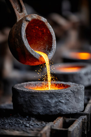 Molten metal pouring from a ladle into a mold, creating bright sparksの素材