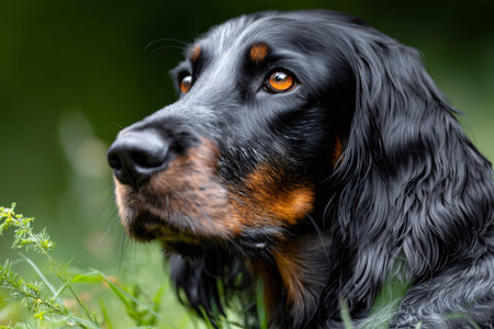 Gordon setter dog standing in grass with orange eyes, observing environmentの素材