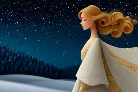 Woman standing in snow covered landscape celebrating a peaceful winter night under starry skyの素材