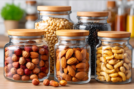 Nuts and legumes stored in clear glass containers with wooden lids on a kitchen counterの素材