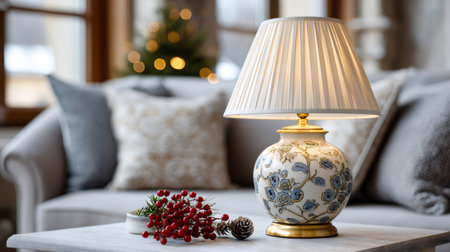 Decorative table lamp lighting a festive living room with holiday berries and blurred Christmas treeの素材