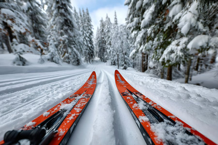 Skis gliding along groomed tracks in a snow covered forest on a sunny winter dayの素材
