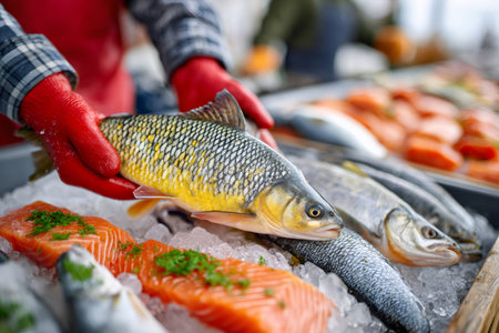 Vendor holding fresh fish on ice displaying various seafood products for saleの素材