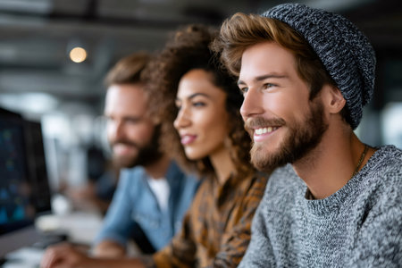 Diverse young team working together on computers, smiling and sharing ideasの素材