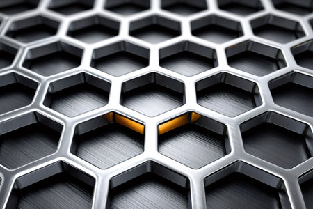Golden cell standing out in a dark brushed metal hexagonal grid patternの素材