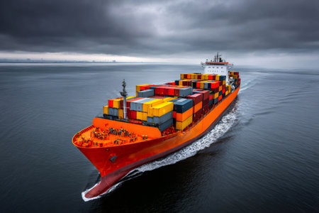 Large container ship transporting colorful cargo containers across the dark oceanの素材