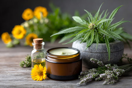 Cannabis plant, cream, and oil representing herbal wellness and natural cosmetic productsの素材