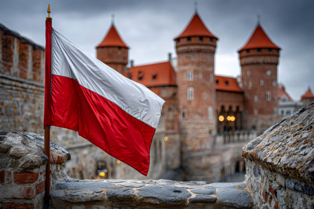 Polish flag waving over the ancient brick towers of a European castle under a cloudy skyの素材