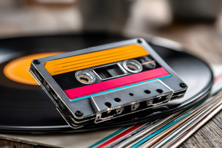 Colorful cassette and vinyl record evoking sound memories and old school nostalgiaの素材