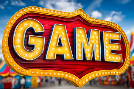 Vintage style marquee sign displaying game against a blurred funfair backgroundの素材