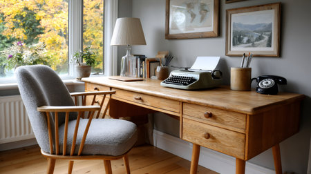 Cozy home office with a vintage typewriter, rotary phone, and autumn trees outside the windowの素材