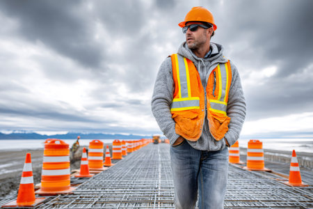 Construction worker in safety vest and hard hat walking on a rebar structureの素材