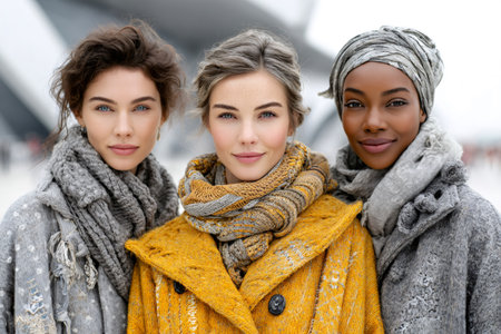 Three smiling diverse women posing together outdoors in warm sweaters and scarvesの素材
