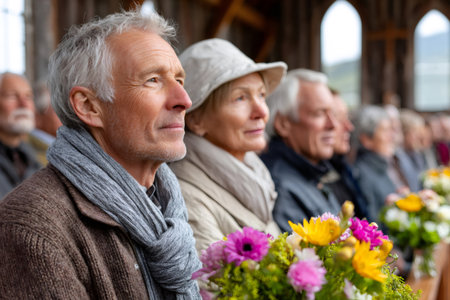 Seniors attending a gathering, paying close attention to a speaker or ceremonyの素材