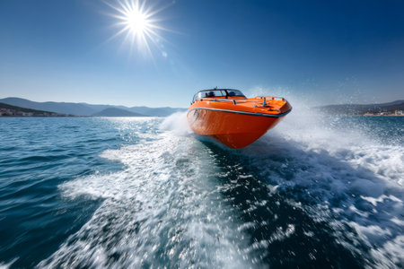 Orange speedboat speeding through water creating splashes under bright sunの素材
