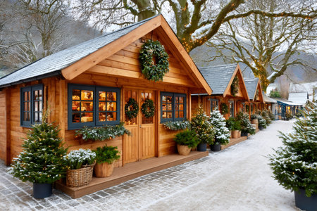 Wooden chalets and Christmas trees lining a snowy market path in winterの素材