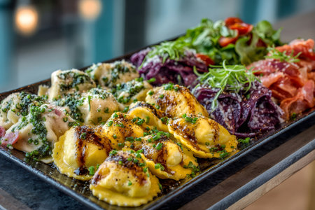 Homemade pasta ravioli served on a platter with fresh saladsの素材
