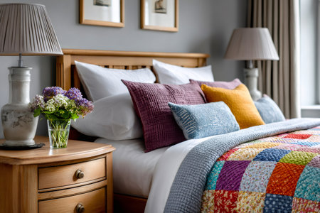 Comfortable bedroom presenting a rustic wooden bed, colorful quilt, and bedside table with lampの素材