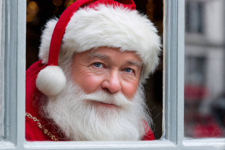 Santa claus looking with a kind expression through a window sirの素材