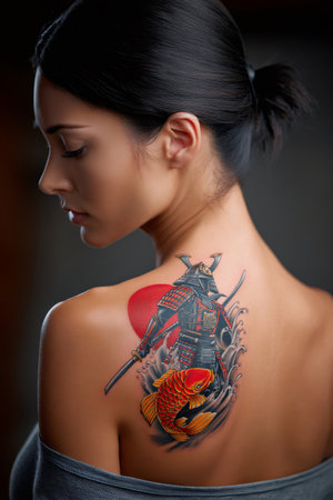 Woman featuring traditional japanese samurai and koi fish tattoo art on her backの素材