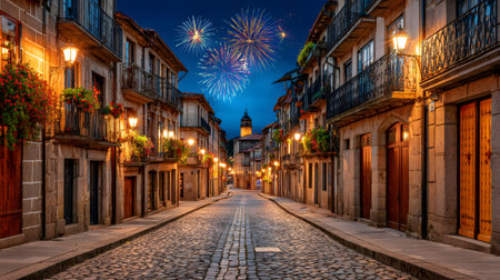Ancient architecture illuminating a festive street with colorful fireworks in the night skyの素材