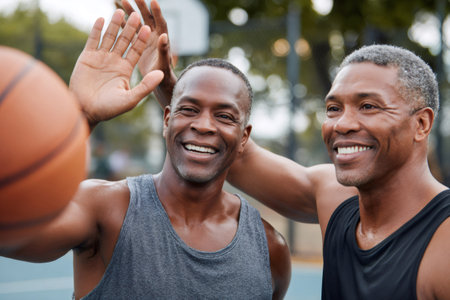 Two happy african american friends high fiving after playing basketballの素材