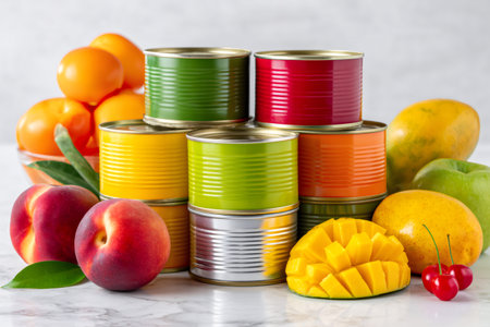 Colorful cans of preserved fruit among fresh produce on a light backgroundの素材