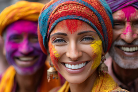 Family members smiling, covered in vibrant colored powder during the Hindu festivalの素材