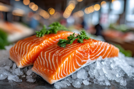 Fresh salmon fillets resting on ice, ready for customers in a market settingの素材