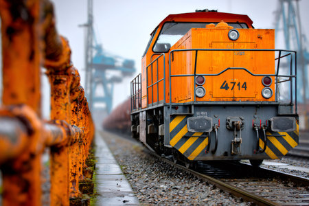 Industrial train locomotive moving freight wagons along tracks in a port areaの素材