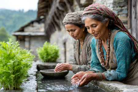 Two women wearing traditional clothing drinking fresh water from a stone fountain in a mountain villageの素材