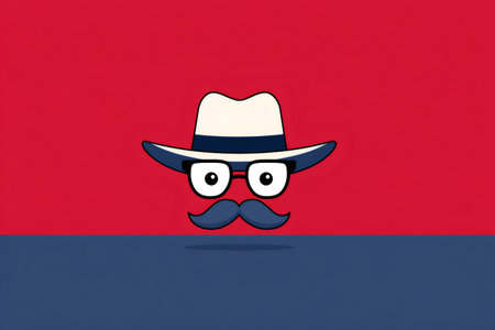 Cartoon character face depicting mystery and disguise with a hat, glasses, and mustacheの素材
