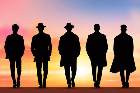 Silhouettes of five men in suits and coats walking forward against a vibrant sunset backgroundの素材