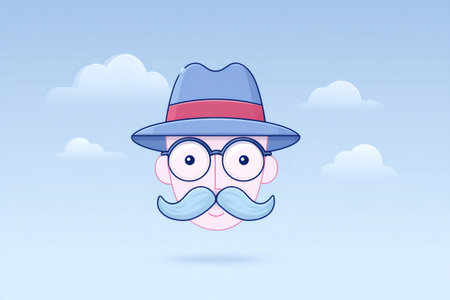 Man face, wearing a hat, glasses, and a mustache, floating in blue sky with cloudsの素材