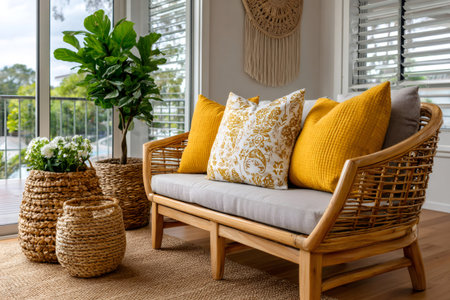 Living room interior designed with natural materials, including a rattan sofa, woven baskets, and indoor plantsの素材