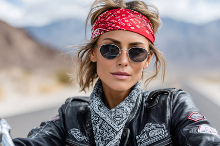 Woman wearing sunglasses, a bandana, and a leather jacket enjoying a road tripの素材