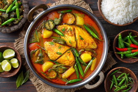 Fish curry preparing with potatoes, bitter gourd, and green chili peppers, served with riceの素材