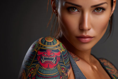 Woman with detailed japanese samurai tattoo on her shoulder embodying strength and traditionの素材