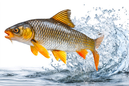 Carp fish leaping from water, creating a dynamic splash on white backgroundの素材